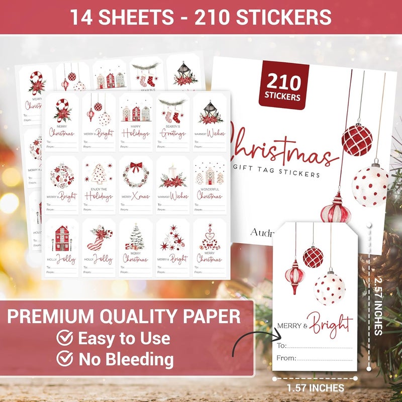 AUDREE 210 Pcs Christmas Gift Tag Stickers - Self-Adhesive Red & White Holiday Labels - 15 Watercolor Designs Christmas Name Tags Label Stickers for Xmas Gifts Wrap Presents Box Envelope Decor - Image 2